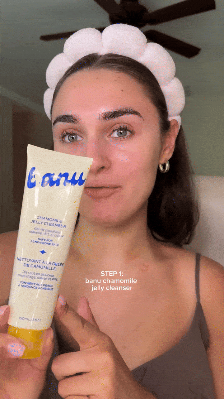gif of influencer showing chamomile jelly cleanser wearing headband