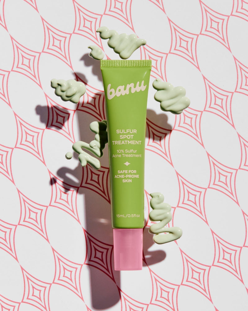banu's sulfur spot treatment against pink patterned background