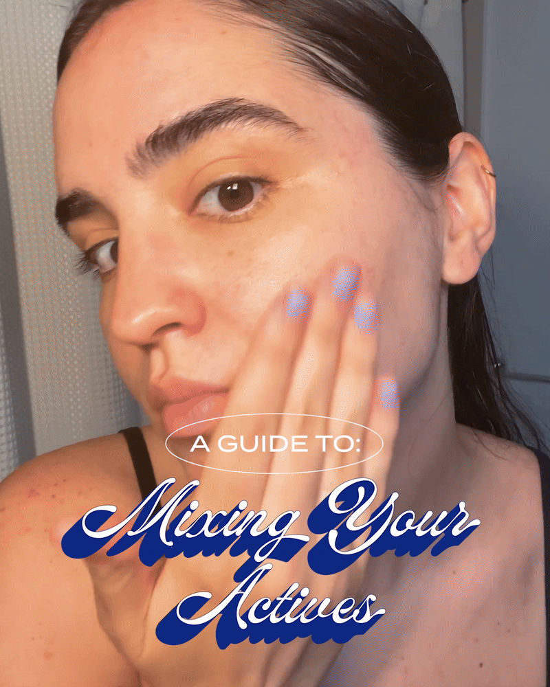 girl mixing in serum on her face with text overlay that says a guide to mixing your actives